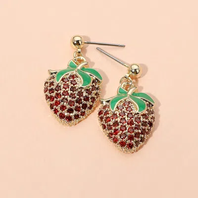 Fashnzfab 14k Gold Plated Cz Stone Paved Strawberry Dangle Earrings - Gold In Gold