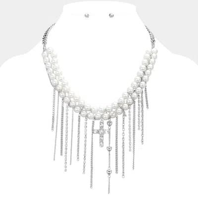 Fashnzfab Stone Paved Cross Pointed Metal Heart Chain Fringe Beaded Pearl Layered Necklace In Silver