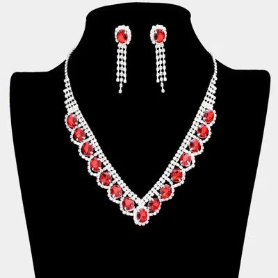 Fashnzfab Oval Stone Accented V Shaped Rhinestone Necklace In Red