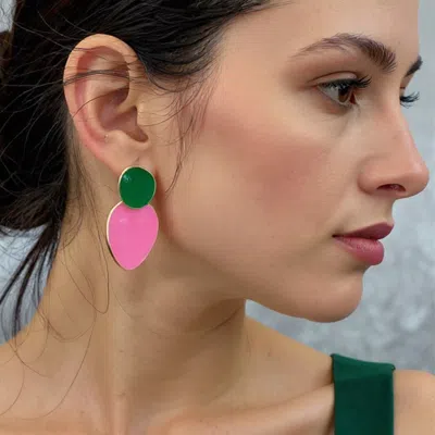 Fashnzfab 14k Gold Dipped Enamel Oval Link Drop Earrings - Gold, Pink & Green In Pink