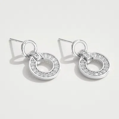Fashnzfab White Gold Dipped Cz Stone Paved Hoop Link Drop Earrings - Silver In Silver
