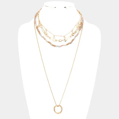 Fashnzfab Triple Ring Pendant Wood Beaded Multi Layered Necklace In Gold