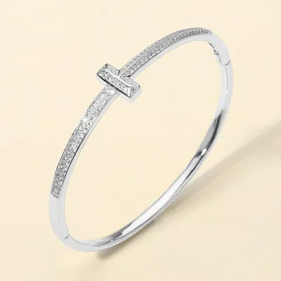 Fashnzfab Silver Plated Cz Stone Paved T-bar Hinged Bangle Bracelet In Silver