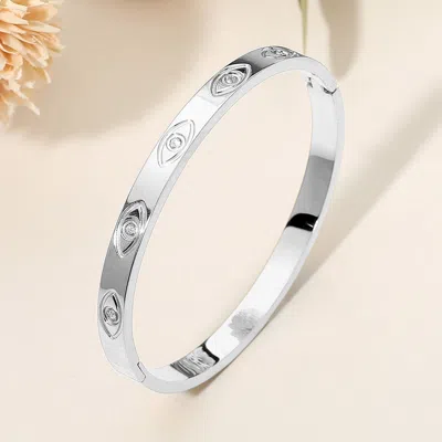 Fashnzfab Secret Box_stainless Steel Stone Accent Evil Eye Engraved Hinged Bangle Bracelet In Silver