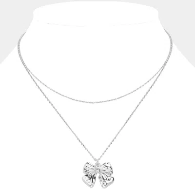 Fashnzfab Metal Bow Pendant Pointed Double Layered Necklace In Silver