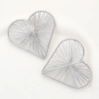 Fashnzfab Oversized Metal Wired Heart Earrings - Rhodium In Metallic