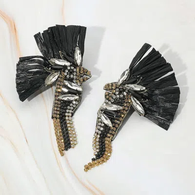 Fashnzfab Raffia Pointed Stone Embellished Bird Earrings - Black In Black