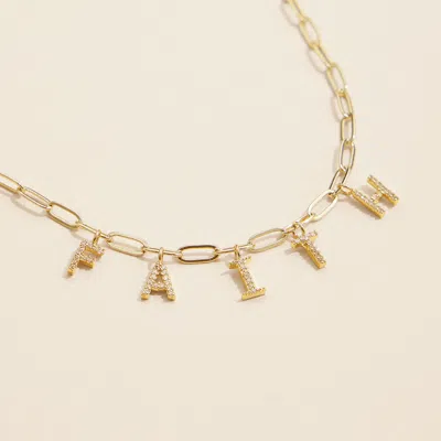 Fashnzfab Semi Fine Collection - 18k Gold Dipped Brass Metal Stone Paved Faith Monogram Charm Paperclip Chain  In Gold