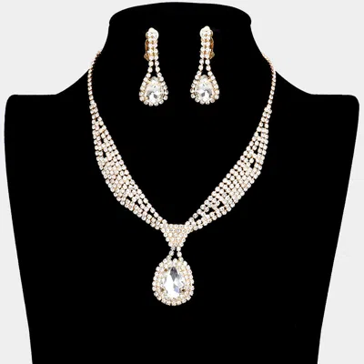 Fashnzfab Rhinestone Pave Teardrop Collar Necklace & Clip Earring Set In Gold