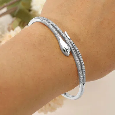 Fashnzfab Secret Box_stainless Steel Rhinestone Pave Sleek Snake Hinged Bangle Bracelet In Metallic