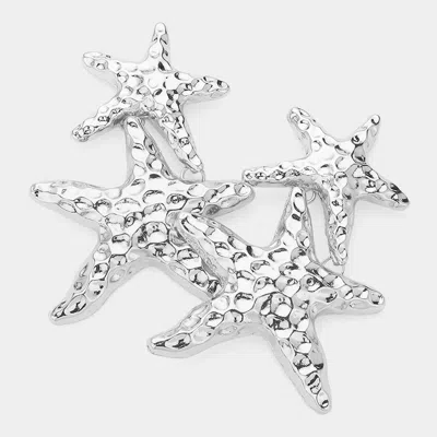 Fashnzfab Textured Metal Starfish Link Earrings - Rhodium In Silver