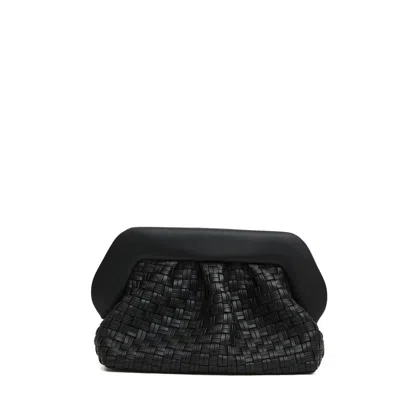 Themoirè Tia Black Clutch Bag With Woven Straw Motif And Shoulder Strap In Black