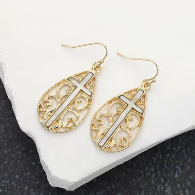 Fashnzfab Mother Of Pearl Cross Centered Filigree Teardrop Dangle Earrings - Gold In Gold