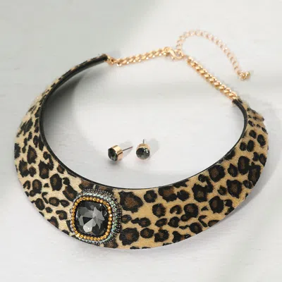 Fashnzfab Square Stone Centered Fur Leopard Pattern Collar Statement Necklace In Multi