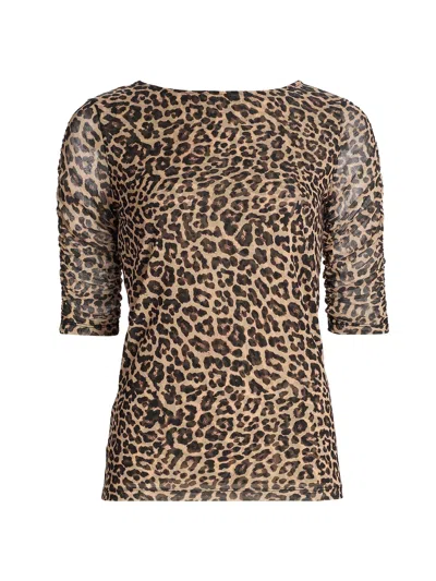 Johnny Was Ruched Sleeve Mesh Top In Chestnut Leopard In Multi