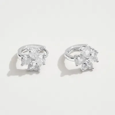Fashnzfab White Gold Dipped Cz Floral Stone Mini Huggie Hoop Earrings - Silver In Silver