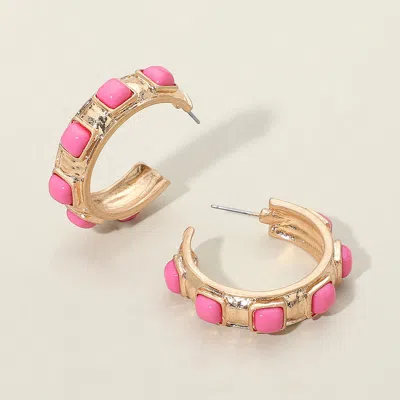 Fashnzfab Chunky Stone Embellished Hoop Earrings - Gold, Pink In Multi