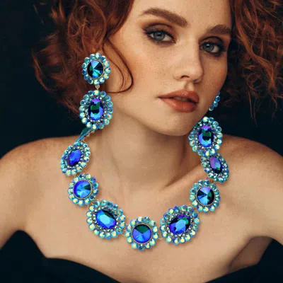 Fashnzfab Round Oval Stone Accented Evening Necklace In Blue