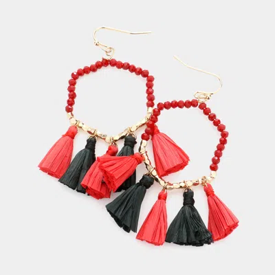 Fashnzfab Game Day Beaded Open Hexagon Raffia Tassel Link Dangle Earrings - Black, Red In Multi