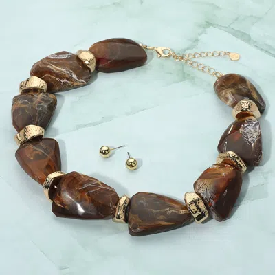 Fashnzfab Chunky Abstract Marbled Stone Beaded Statement Necklace In Brown