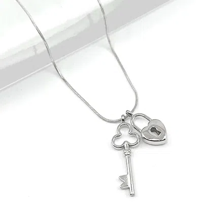 Fashnzfab Stainless Steel Heart Lock Clover Key Pendant Necklace In Multi