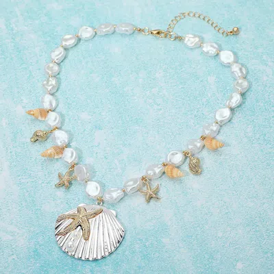 Fashnzfab Two Tone Starfish Embossed Seashell Pendant Charm Embellished Pearl Beaded Necklace In Multi