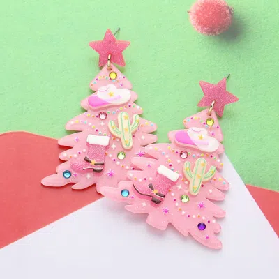 Fashnzfab Glittered Resin Western Cowboy Christmas Tree Dangle Earrings - Pink In Pink