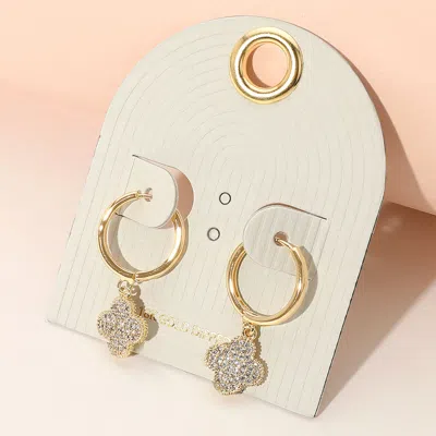 Fashnzfab 18k Gold Dipped Stone Paved Quatrefoil Dangle Hinged Mini Hoop Earrings - Clear, Gold In Multi