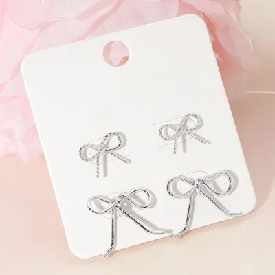 Fashnzfab 2pairs - Metal Wire Bow Stud Earring Set - Rhodium In Multi