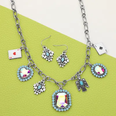 Fashnzfab Ace Of Heart Ace Of Clover Western Bird Key Rectangle Heart Stone Cluster Charm Station Necklace In Multi