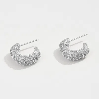 Fashnzfab White Gold Dipped Cz Stone Paved Mini Open Square Hoop Earrings - Silver In Silver