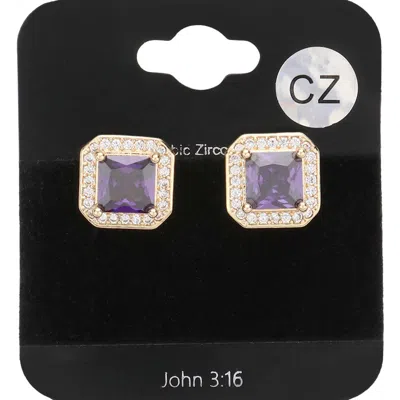 Fashnzfab Cz Square Accented Octagon Stud Evening Earrings - Amethyst In Green