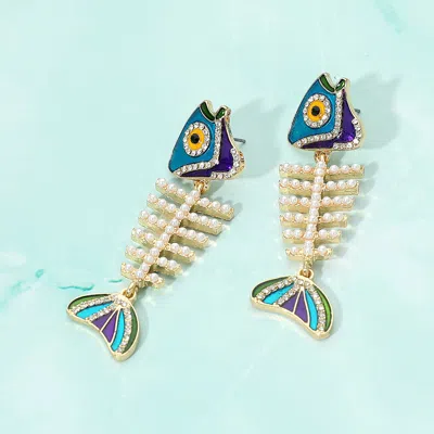 Fashnzfab Pearl Embellished Enamel Fish Skeleton Earrings - Blue, White In Multi