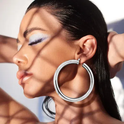 Fashnzfab Oversized Chunky Metal 3.2 Inch Hoop Pin Catch Earrings - Rhodium In Multi