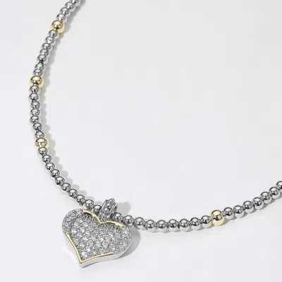Fashnzfab 14k Gold Plated Two Tone Ball Beaded Cz Stone Paved Heart Pendant Necklace 17" + 2.75" L In Multi
