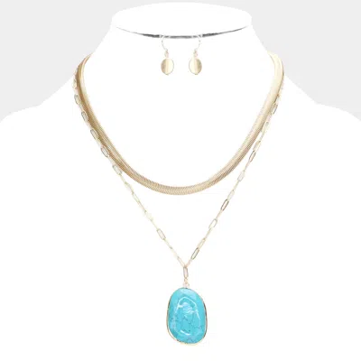 Fashnzfab Natural Stone Pendant Double Layered Necklace In Blue