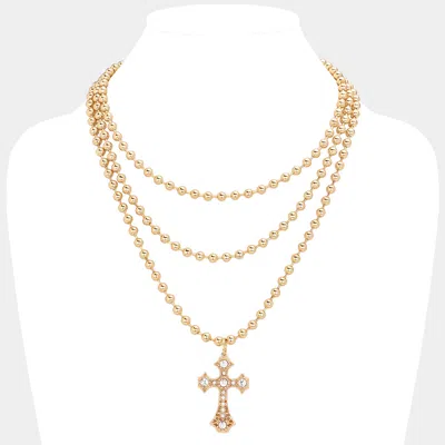 Fashnzfab Secret Box_stone Pointed Cross Pendant Bubble Chain Triple Layered Necklace In Gold