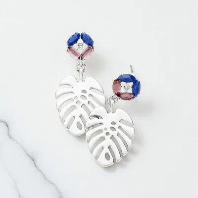 Fashnzfab Crystal Marquise Metal Tropical Leaf Dangle Earrings - Blue, Worn Silver In Multi