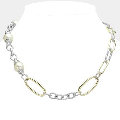 Fashnzfab 14k Gold Plated Pearl Pointed Cz Stone Paved Two Tone Paperclip Chain Link Toggle Necklace In Multi