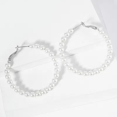 Fashnzfab White Gold Dipped Pearl Beaded Hoop Earrings - Rhodium, White In Multi