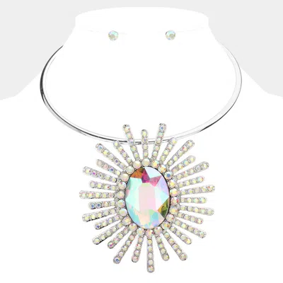 Fashnzfab Oval Stone Centered Abstract Pendant Necklace In Multi