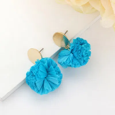 Fashnzfab Single Raffia Pom Pom Drop Earrings - Light Blue In Blue