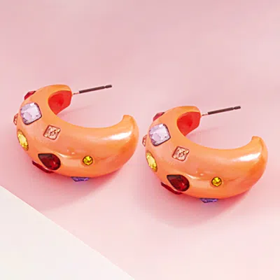 Fashnzfab Multi Stone Paved Chunky Hoop Earrings - Orange In Orange