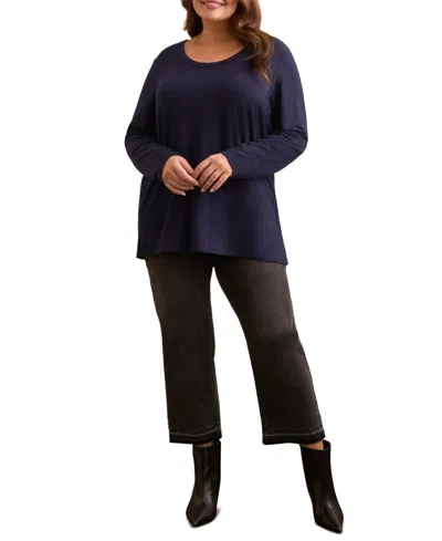 Tribal Plus Size Soft French Terry Scoop Neck Long Sleeve Top In Blue