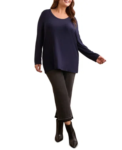 Tribal Plus Size Soft French Terry Scoop Neck Long Sleeve Top In Blue