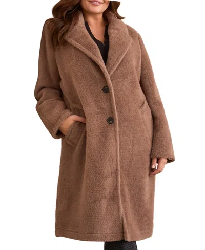 Tribal Plus Size Teddy Faux Fur Button-front Coat In Brown