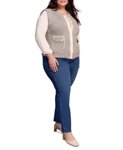 Tribal Plus Size Sleeveless Vest With Pockets Jacket In Brown