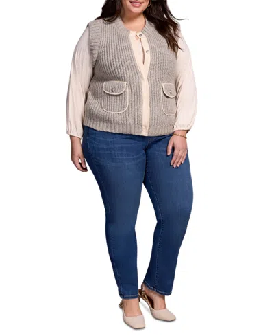 Tribal Plus Size Sleeveless Vest With Pockets Jacket In Brown