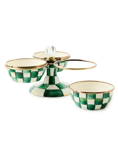 Mackenzie-childs Mackenzie Childs Emerald Check Enameled Steel Triplicity Bowls & Stand Set In Green