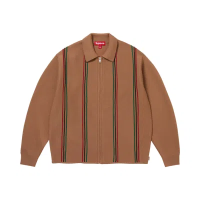 Pre-owned Supreme Stripe Zip Up Polo Sweater 'tan' | Men's Size L In Brown